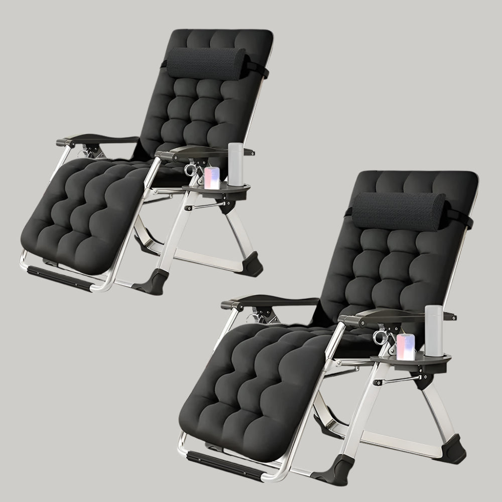 Set 2 sezlonguri pliabile de gradina Divit SR11, negru, cu perna pentru gat, tava laterala si cadru din otel rezistent