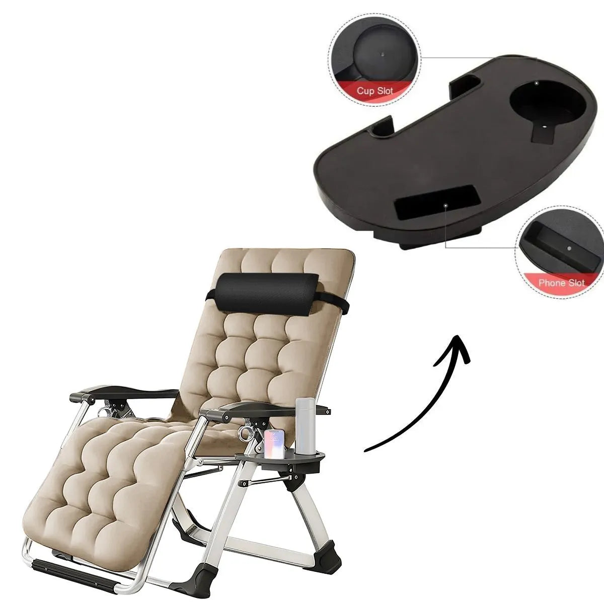 Sezlong pliabil negru Divit SR11, cu perna pentru gat, tava laterala si inclinare reglabila, ideal pentru gradina sau terasa