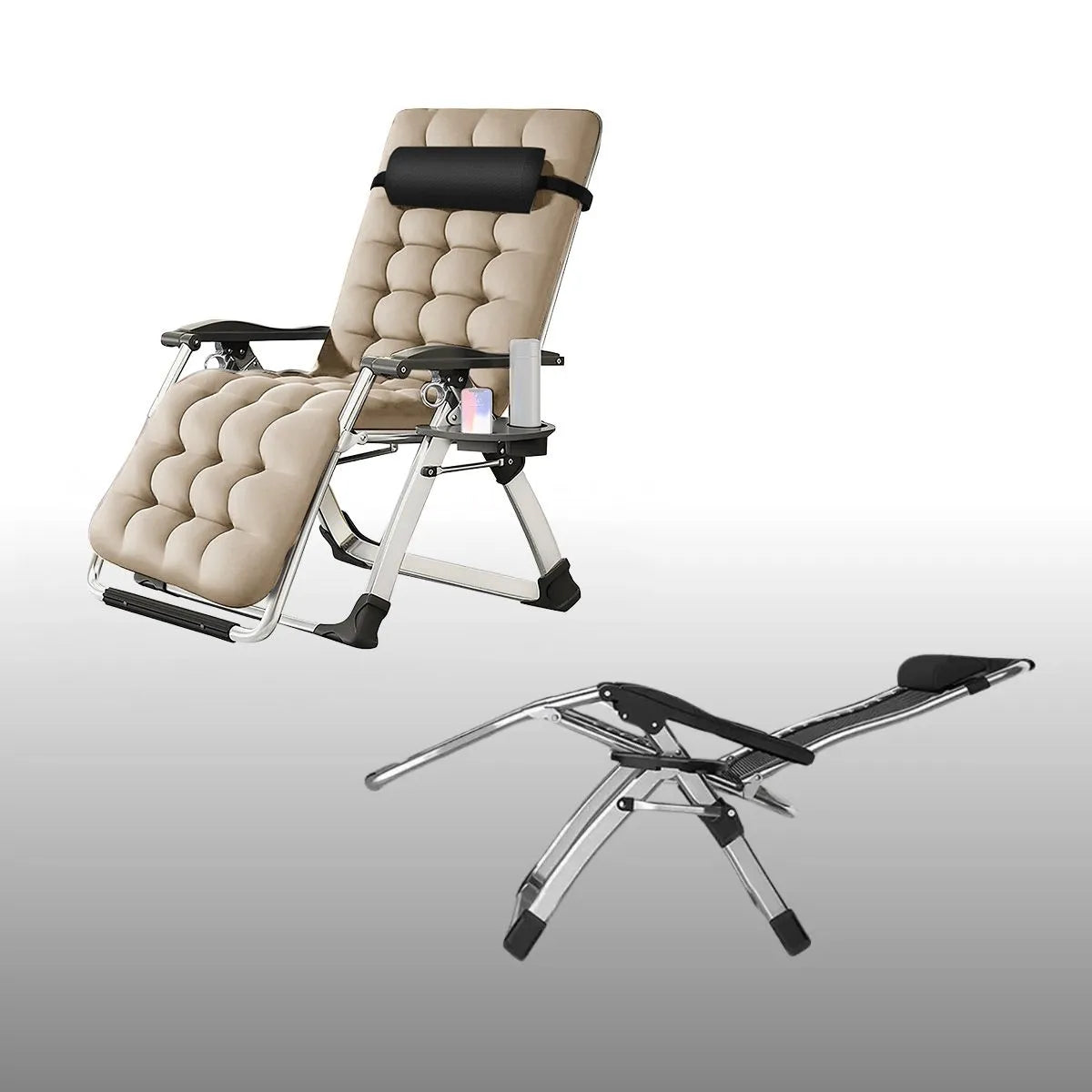 Sezlong pliabil negru Divit SR11, cu perna pentru gat, tava laterala si inclinare reglabila, ideal pentru gradina sau terasa