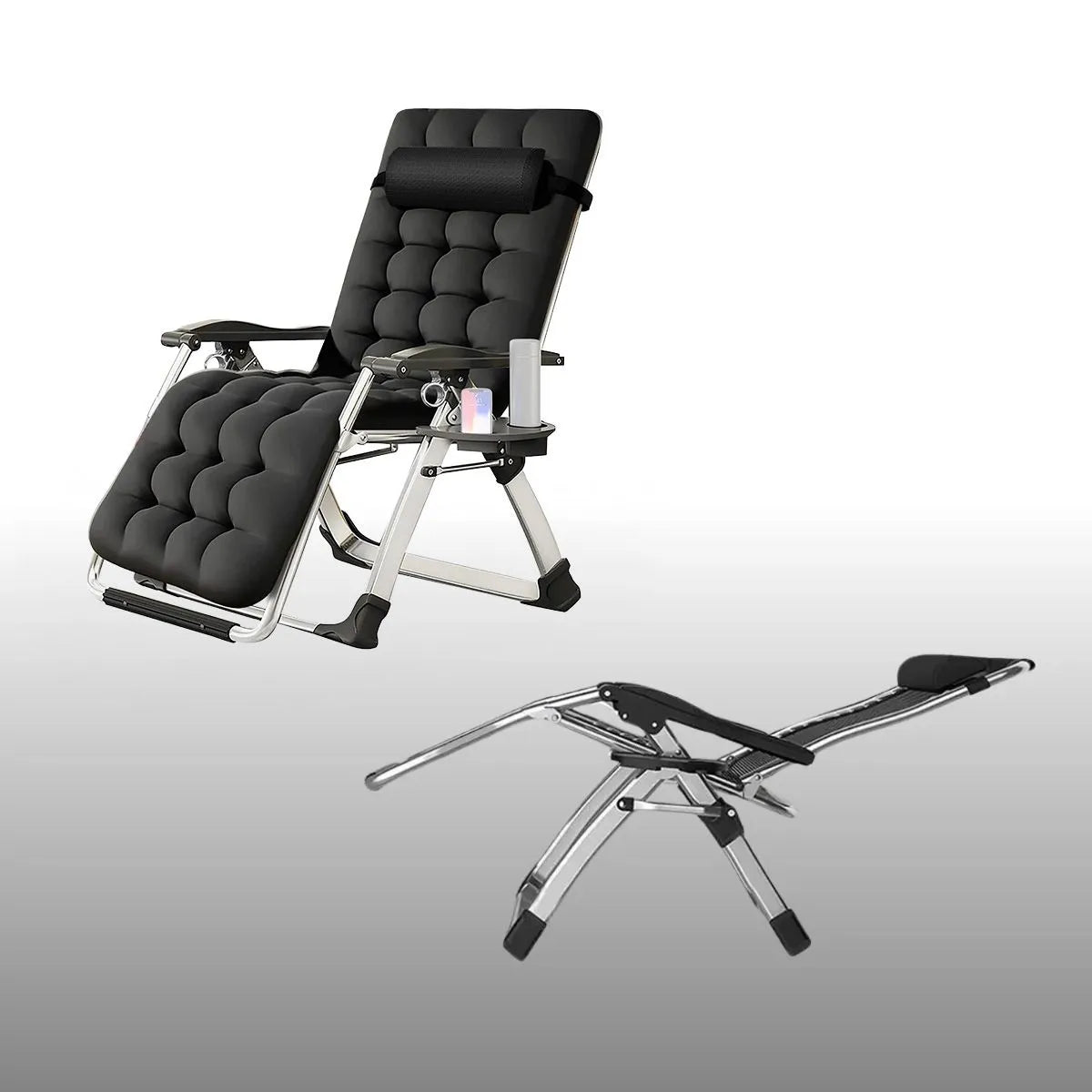 Sezlong pliabil negru Divit SR11, cu perna pentru gat, tava laterala si inclinare reglabila, ideal pentru gradina sau terasa.