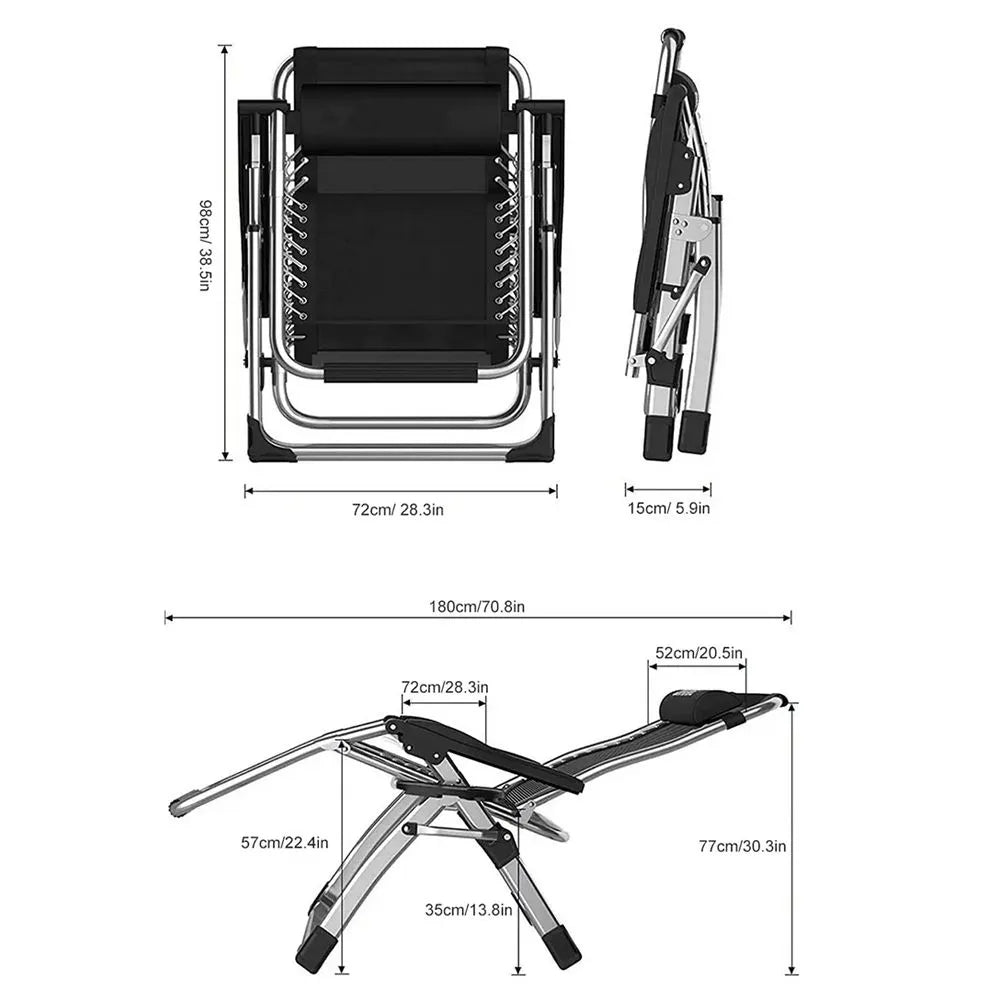 Sezlong pliabil negru Divit SR11, cu perna pentru gat, tava laterala si inclinare reglabila, ideal pentru gradina sau terasa