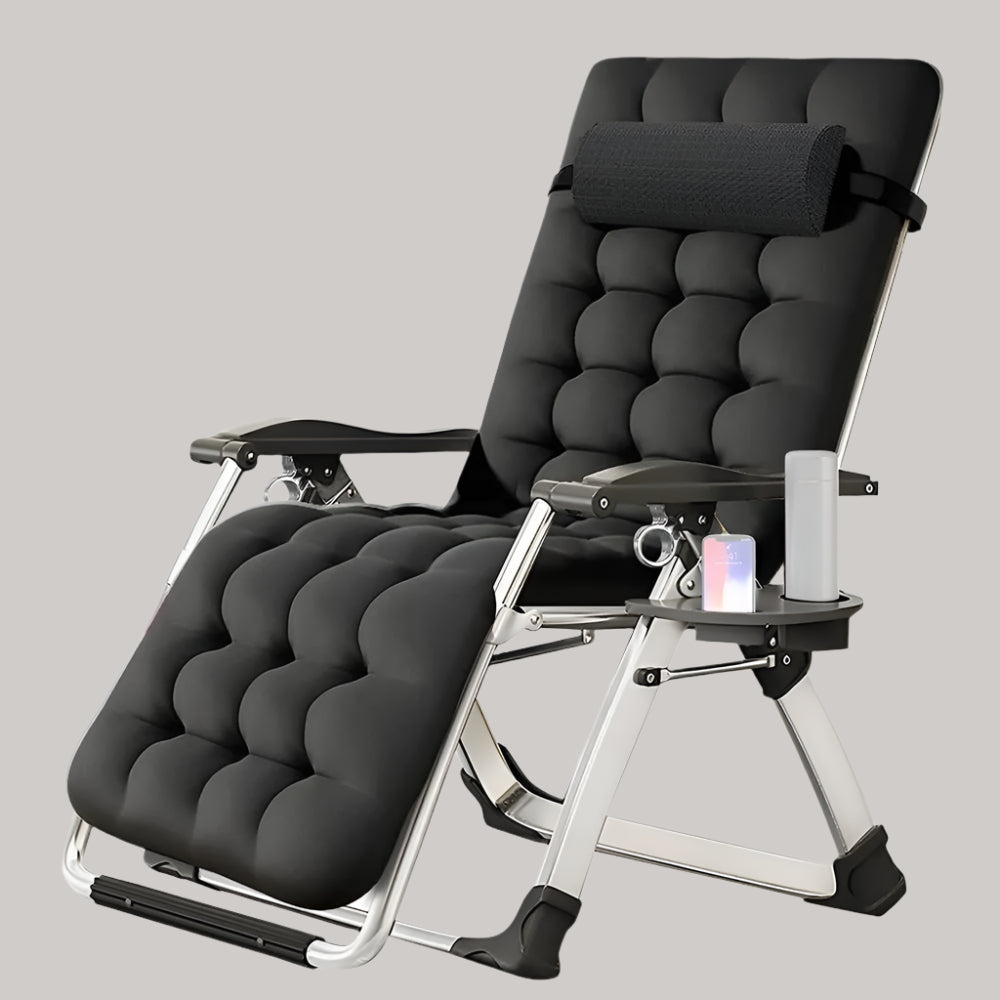 Sezlong pliabil negru Divit SR11, cu perna pentru gat, tava laterala si inclinare reglabila, ideal pentru gradina sau terasa