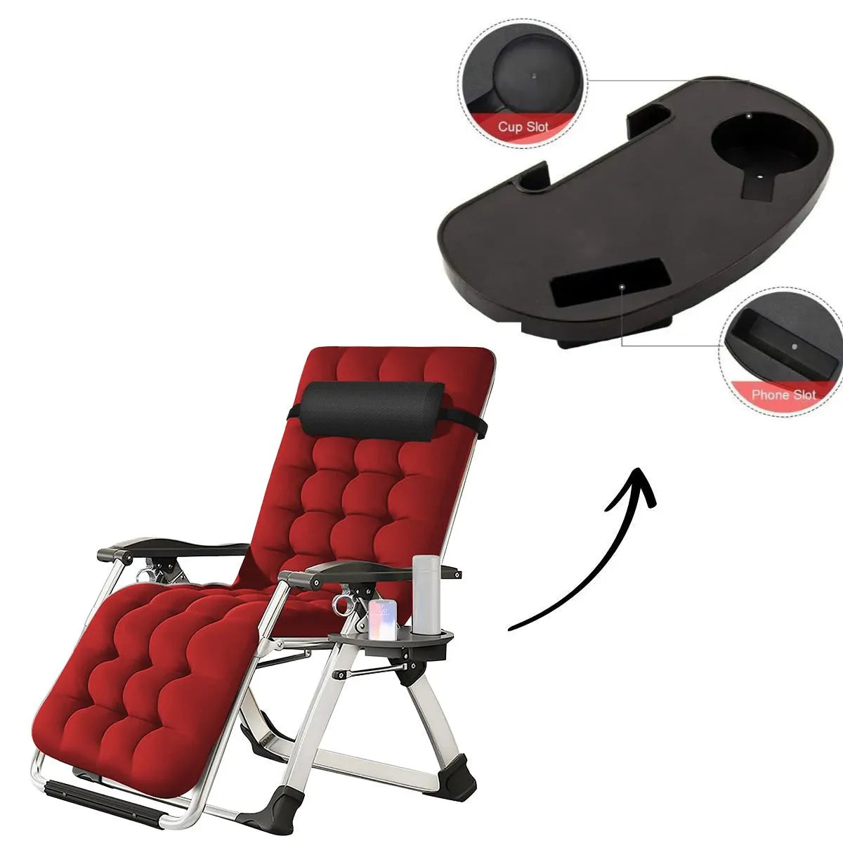 Sezlong pliabil negru Divit SR11, cu perna pentru gat, tava laterala si inclinare reglabila, ideal pentru gradina sau terasa