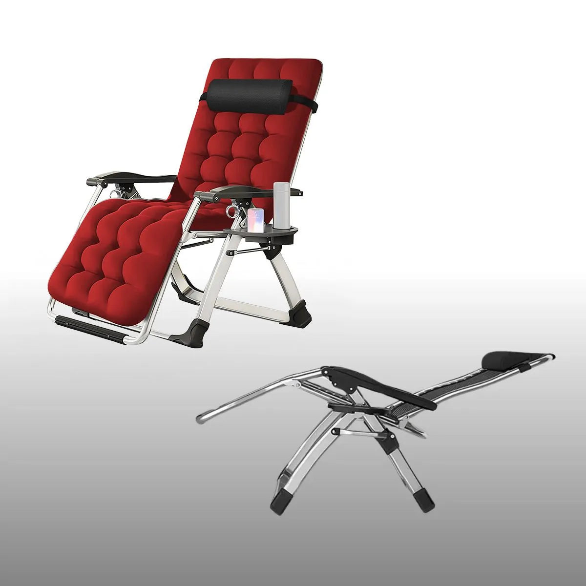 Sezlong pliabil negru Divit SR11, cu perna pentru gat, tava laterala si inclinare reglabila, ideal pentru gradina sau terasa