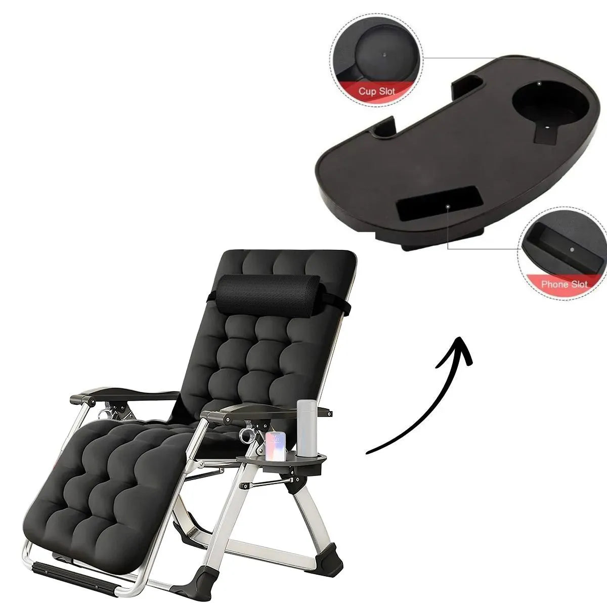 Sezlong pliabil negru Divit SR11, cu perna pentru gat, tava laterala si inclinare reglabila, ideal pentru gradina sau terasa