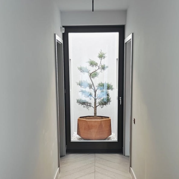 Jardiniera din COR-EN model HEXA, cu design industrial-chic, forma hexagonala si patina unica, ideala pentru gradini si terase