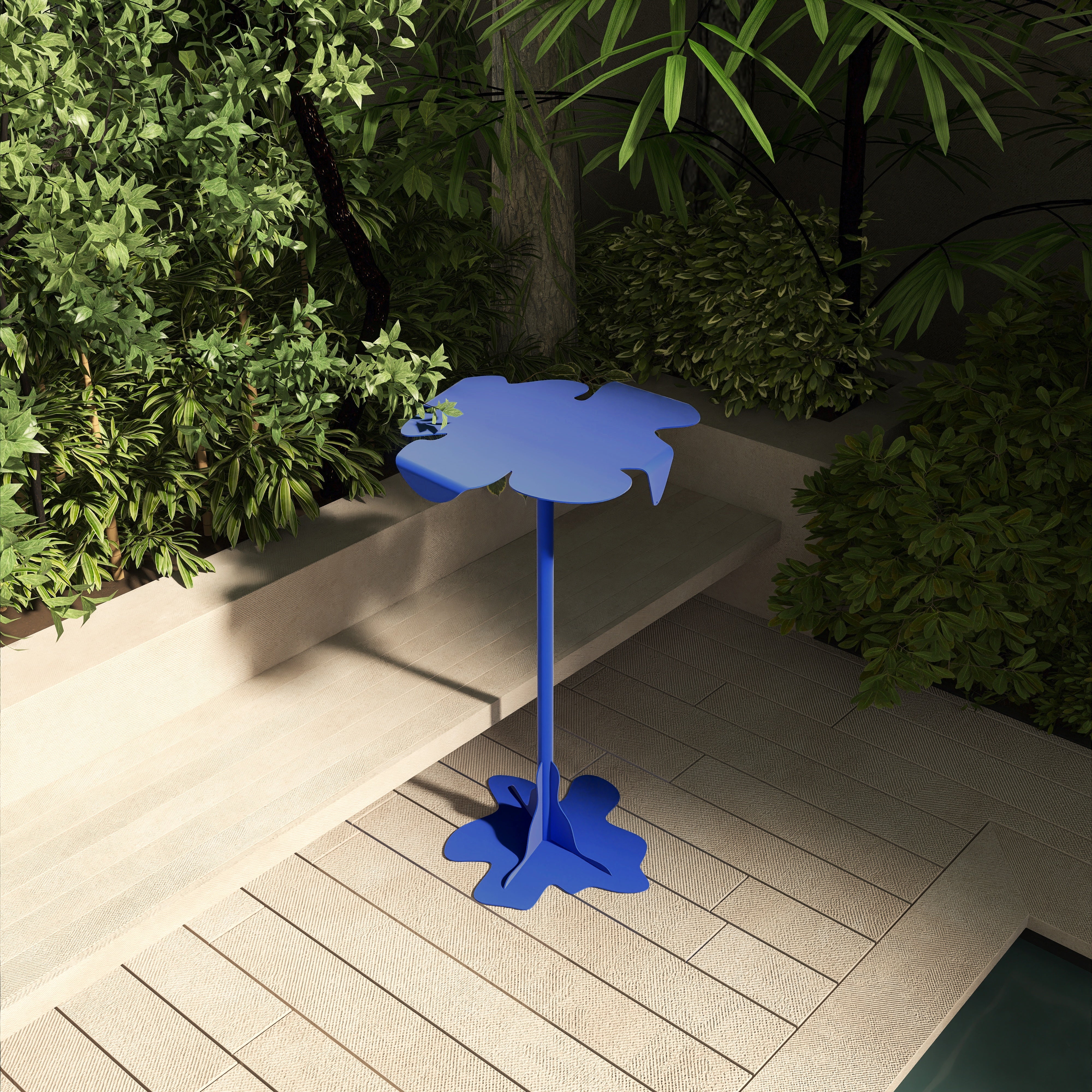 Masa metalica autoportanta, model ROUA, cu design fluid inspirat din miscare apei, potrivita pentru interior si exterior, durabila si rezistenta