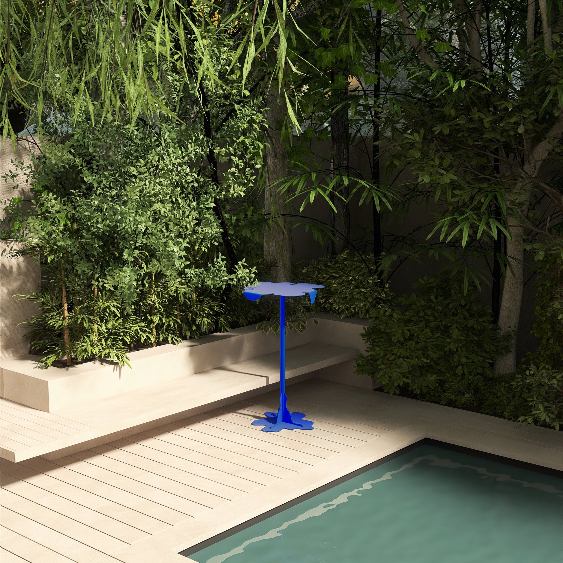 Masa metalica autoportanta, model ROUA, cu design fluid inspirat din miscare apei, potrivita pentru interior si exterior, durabila si rezistenta