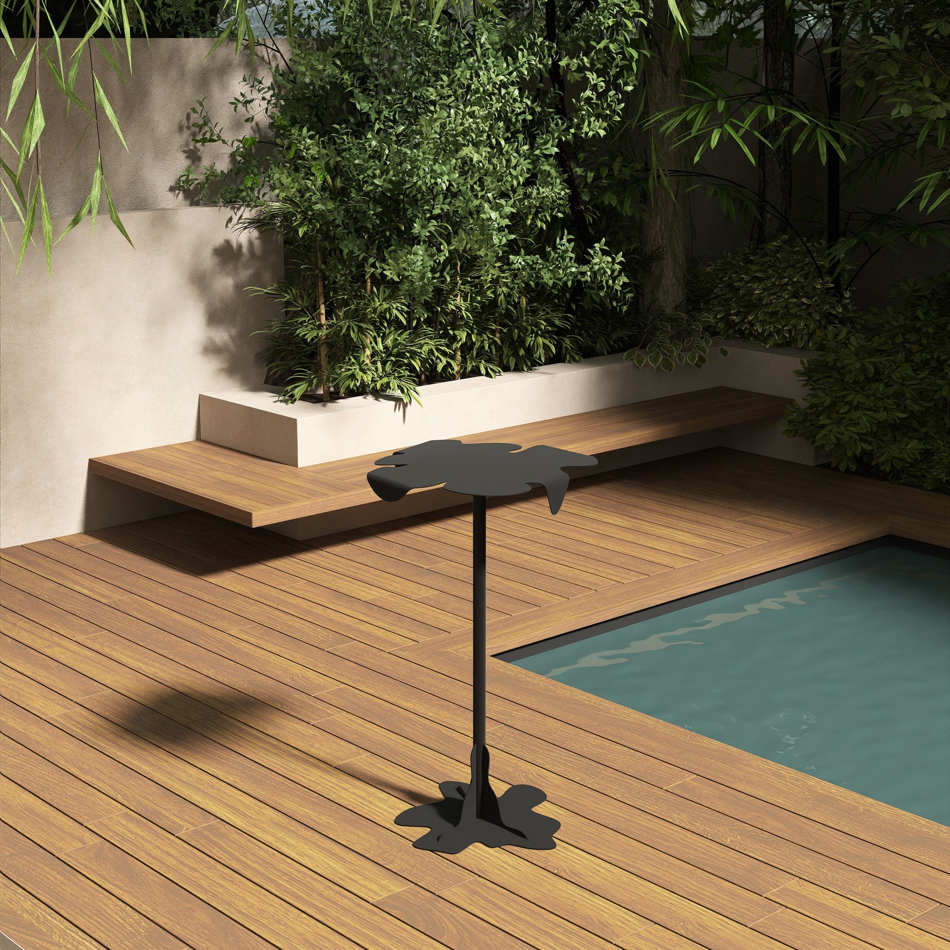 Masa metalica autoportanta, model ROUA, cu design fluid inspirat din miscare apei, potrivita pentru interior si exterior, durabila si rezistenta