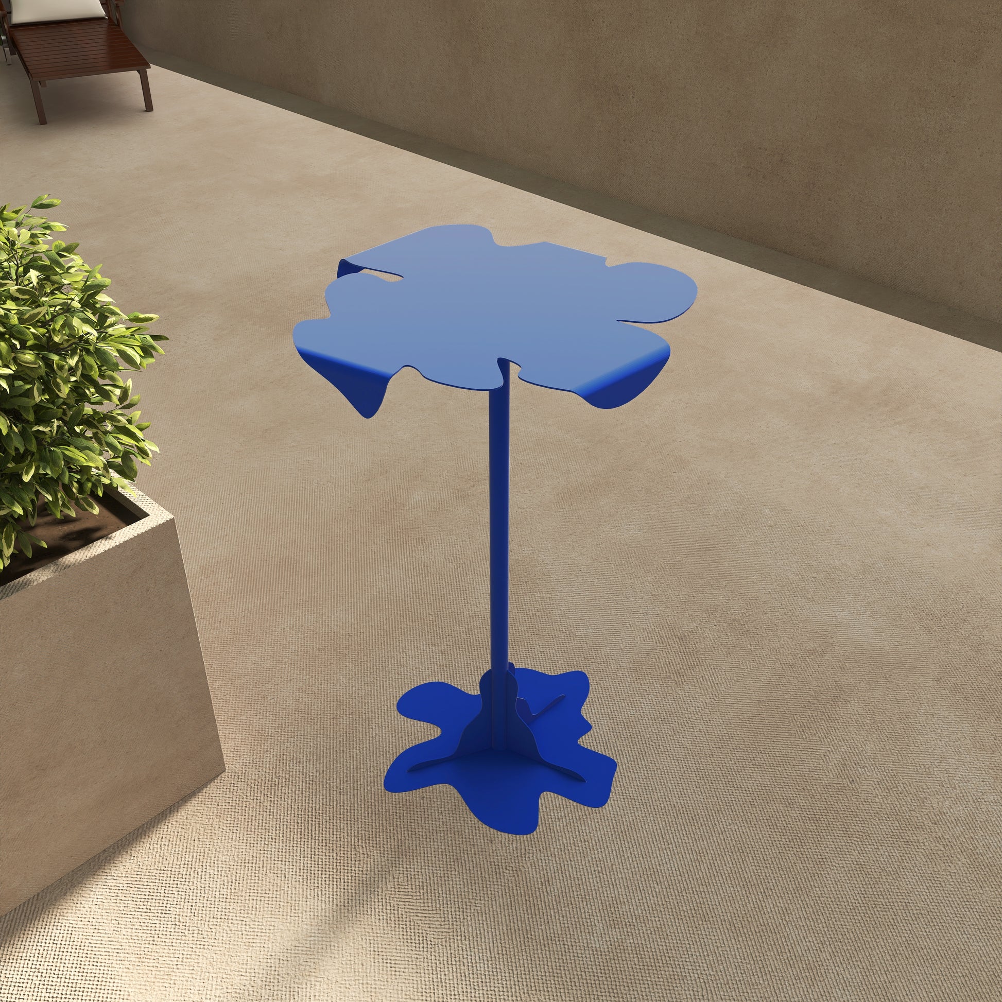 Masa metalica autoportanta, model ROUA, cu design fluid inspirat din miscare apei, potrivita pentru interior si exterior, durabila si rezistenta