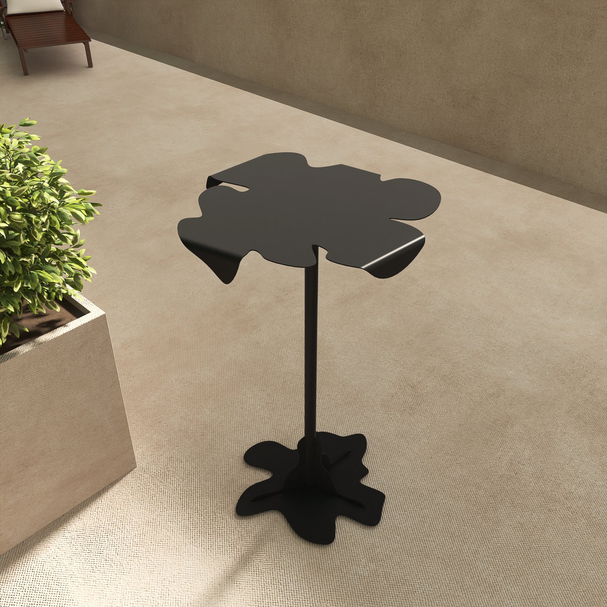 Masa metalica autoportanta, model ROUA, cu design fluid inspirat din miscare apei, potrivita pentru interior si exterior, durabila si rezistenta