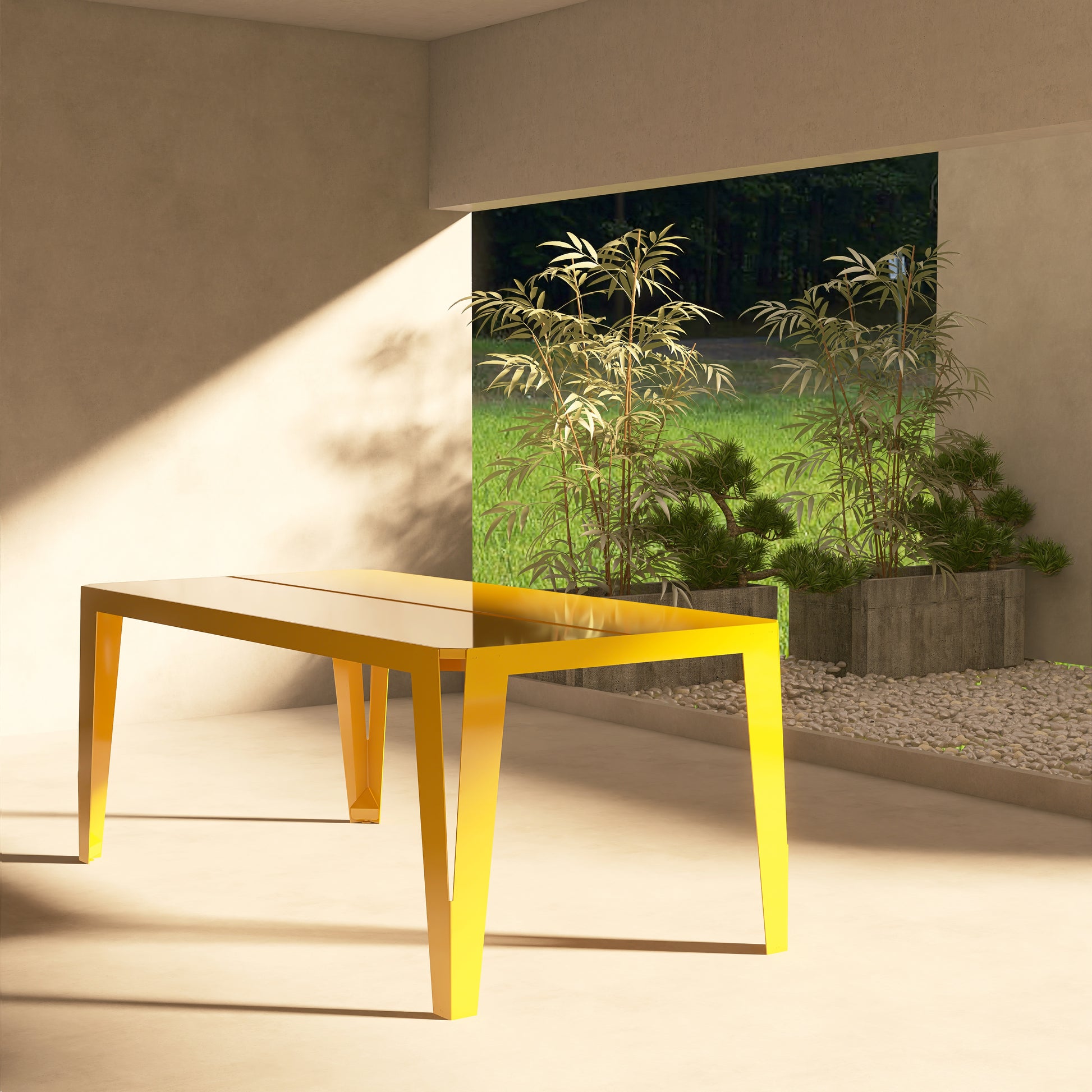 Masă metalică pentru terasă model SPIC, colorată și rezistentă, ideală pentru grădină, balcon sau zone exterioare, cu design inspirat din spicul de grâu.