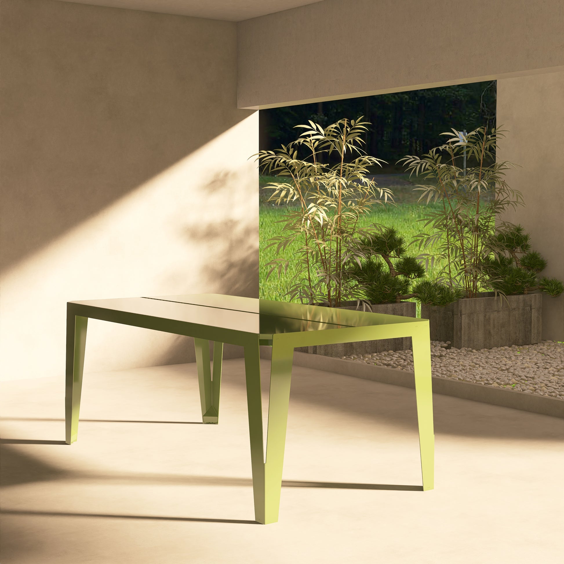 Masă metalică pentru terasă model SPIC, colorată și rezistentă, ideală pentru grădină, balcon sau zone exterioare, cu design inspirat din spicul de grâu.