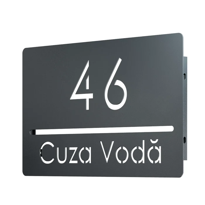 Numar casa N88 otel vopsit electrostatic, font clar si design minimalist, montat pe fatada exterioara