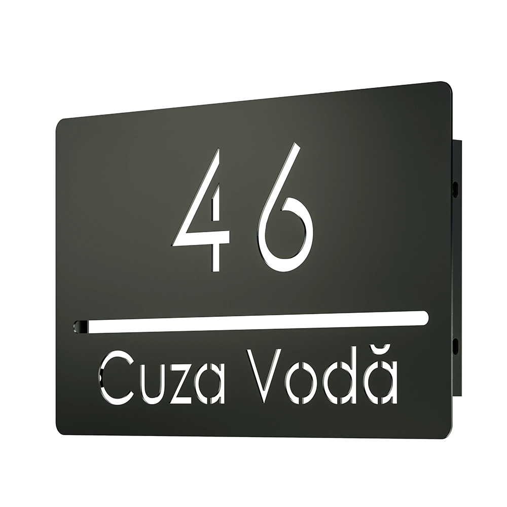 Numar casa N88 otel vopsit electrostatic, font clar si design minimalist, montat pe fatada exterioara