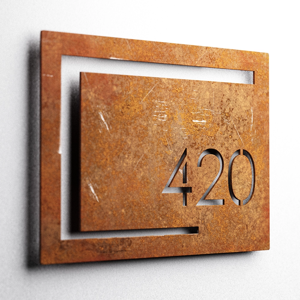 Numar casa N96 din otel CORTEN – design minimalist, font clar, ideal pentru exterior la case moderne sau traditionale