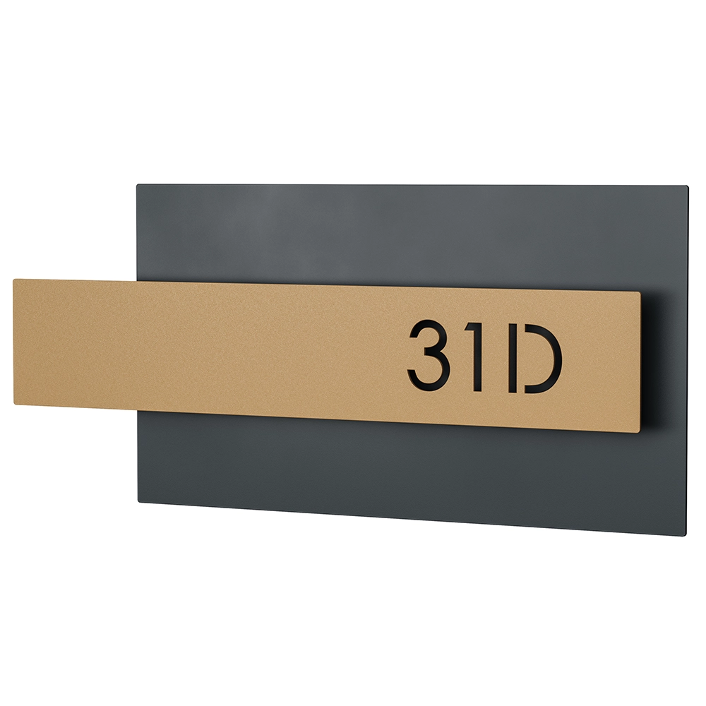 Număr de casă N95 din oțel vopsit electrostatic, cu design modern și font clar, ideal pentru exterior și rezistență la intemperii.

